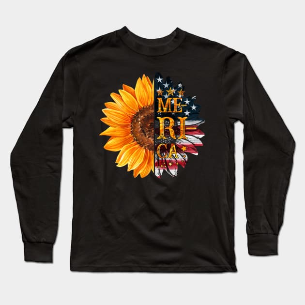 Merica Sunflower American Flag T shirt For 4th July Long Sleeve T-Shirt by Kaileymahoney